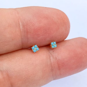 Minimalist turquoise stud earrings, blue cz stud earrings, mini square studs, dainty gold square studs, second hole stud earrings