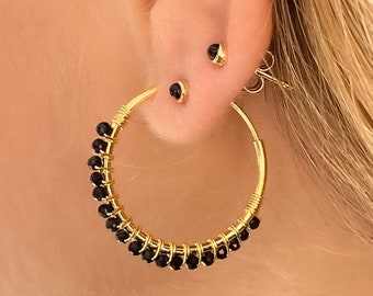 Dainty gold Hoops with Beaded Black onyx - 18K Gold Plated Thin Hoop Earrings - Perfect Gift for Her