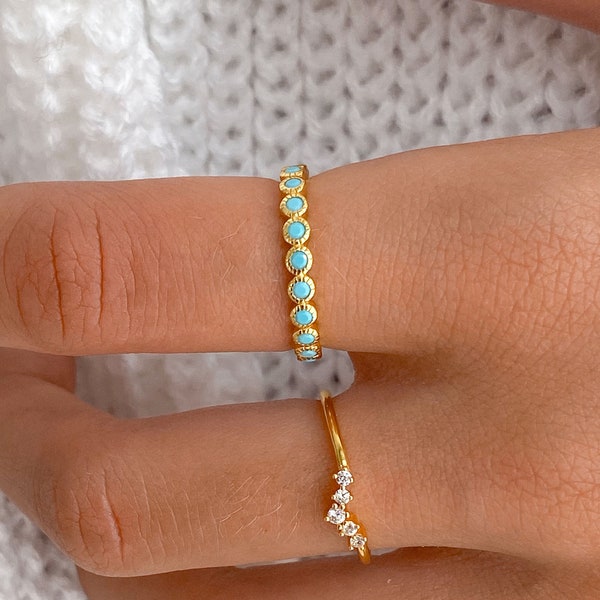 Dainty gold cz turquoise ring, minimalist ring, stacking ring, turquoise ring, gift for her, Silver ring, dainty blue ring,