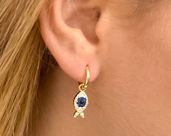 Dainty gold hoops with a fish charm, cz gold hoops, silver hoops, earrings with fish, hoop with charm, huggie hoops, gift for her