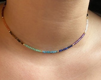 Dainty Sterling Silver 7 Chakra Gemstone Choker: Healing Crystal Necklace