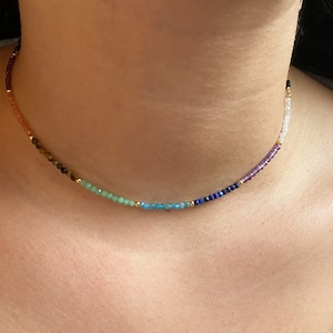 Tiny minimalist chakra choker necklace, Dainty Sterling silver 7 Chakra necklace, healing crystal chakra necklace, rainbow necklace