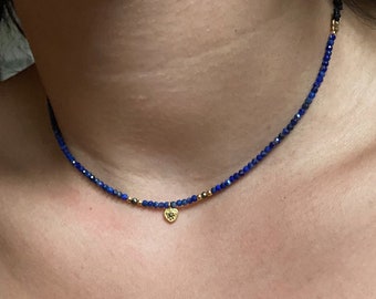 Lapis Lazuli Choker: Sterling Silver Heart, Beaded Crystal Necklace