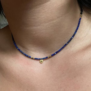 Minimalist lapis lazuli choker, tiny heart necklace, sterling silver choker, Beaded crystal choker, Adjustable necklace, Gift for her