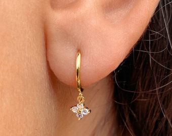Dainty cz flower hoop earrings, tiny silver earrings, huggie hoop earrings, minimalist jewelry, second hole earrins, hoop with flower charm