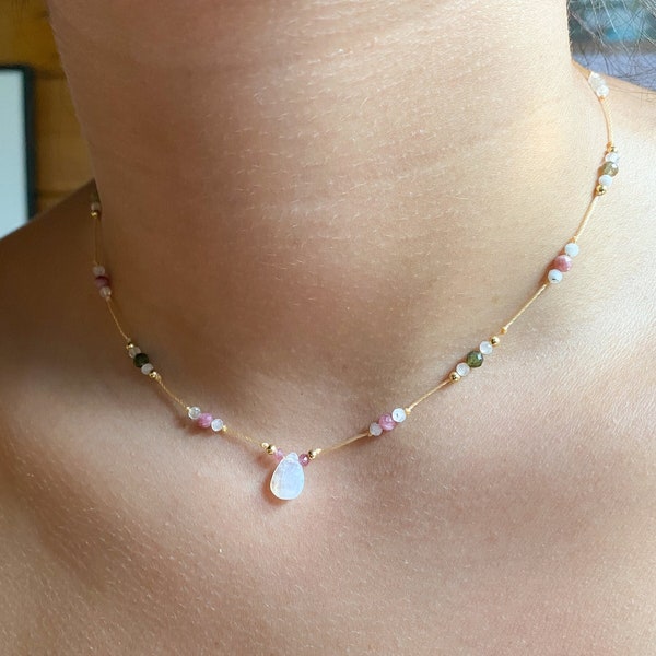 Tiny Moonstone and tourmaline choker necklace adjustable, minimalist gemstone choker, healing crystal necklace, Gemstone gift for her