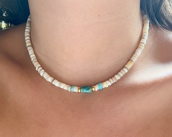 Turquoise & Shell Choker Necklace: Summer Surfer Girl Jewelry