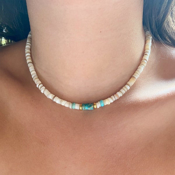 Summer Surfer girl choker necklace, turquoise and shell choker for women, Perfect Gift for her