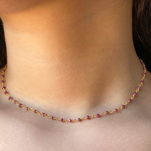 Ruby necklace, July birthstone gift, dainty gold choker, sterling silver choker,  ruby beaded rosary choker, Gift for her