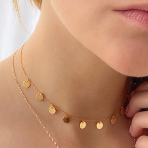 Tiny coins necklace, disk necklace,  sterling silver necklace, silver choker, minimal necklace, layered long, dainty gold necklace, choker