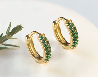 Green cz dainty gold hoops, huggie hoops, tiny green earrings, minimalist earrings, second hole earrings, gift for her
