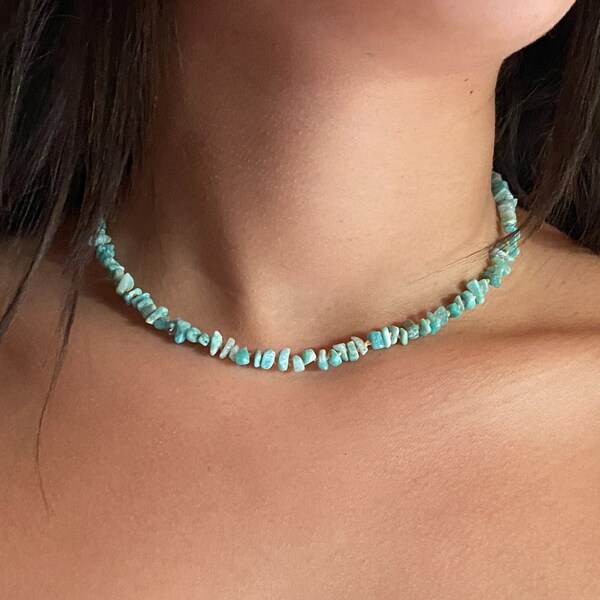 Kleine Amazoniet Boho choker ketting voor de zomer, Handgemaakte geknoopte choker, Amazoniet edelsteen choker ketting voor vrouwen, Cadeau voor haar, gelaagd