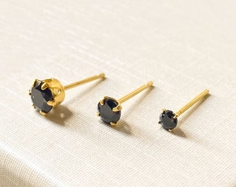 Tiny gold black cz studs dainty gold stud earrings, tiny black round earrings