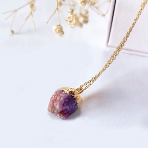 Raw Ruby Pendant Necklace: July Birthstone, Gold Electroplated