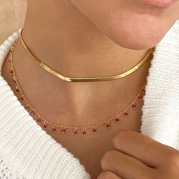 Gold Ruby dangling choker, Tiny choker necklace, Dangling stones necklace, Dainty gold necklace, Delicate necklace, minimalist necklace
