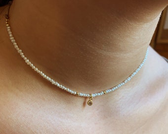 Tiny Pearl choker necklace with gold pendant, Sterling Silver freshwater pearl 2mm necklace,bridesmaid pearl jewelry,Dainty choker for women