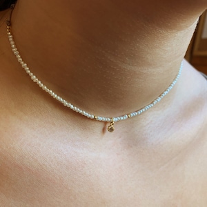 Tiny Pearl choker necklace with gold pendant, Sterling Silver freshwater pearl 2mm necklace,bridesmaid pearl jewelry,Dainty choker for women