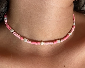 Pink Heishi Surfer choker for women, Summer necklace beaded choker, hand made jewelry, Gift for girl summer trends