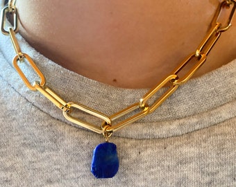 Raw Gemstone necklace, Birthstone necklace, gold chunky choker, paper link choker, personalized gift, Crystal necklace, Christmas gift