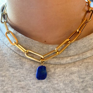 Raw Gemstone necklace, Birthstone necklace, gold chunky choker, paper link choker, personalized gift, Crystal necklace, Christmas gift