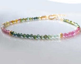 Minimalist tourmaline bracelet in 925 Sterling Silver, watermelon tourmaline crystal bracelet for women, October birthstone bracelet dainty