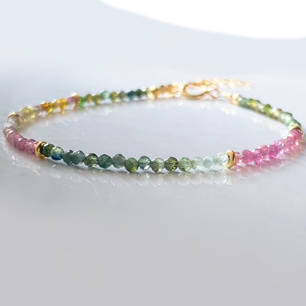 Minimalist tourmaline bracelet in 925 Sterling Silver, watermelon tourmaline crystal bracelet for women, October birthstone bracelet dainty