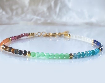 Dainty Sterling Silver Chakra Bracelet: Rainbow Gemstone Healing Crystal