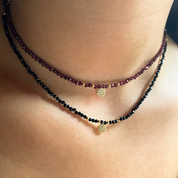 Garnet choker necklace, black onyx necklace, Dainty gold coin choker, gemstone choker necklace, Healing crystal necklace, gift for her