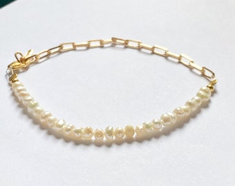 Natural Freshwater pearl bracelet, 18k gold plated steel bracelet, link chain bracelet, dainty adjustable wedding bracelet, Gift for her