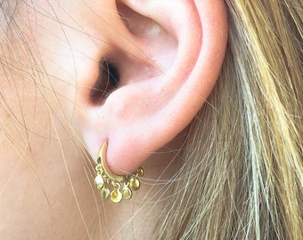 Dainty huggie hoop earrings with coins charms, silver hoops,  minimalist hoops, tiny earrings for women