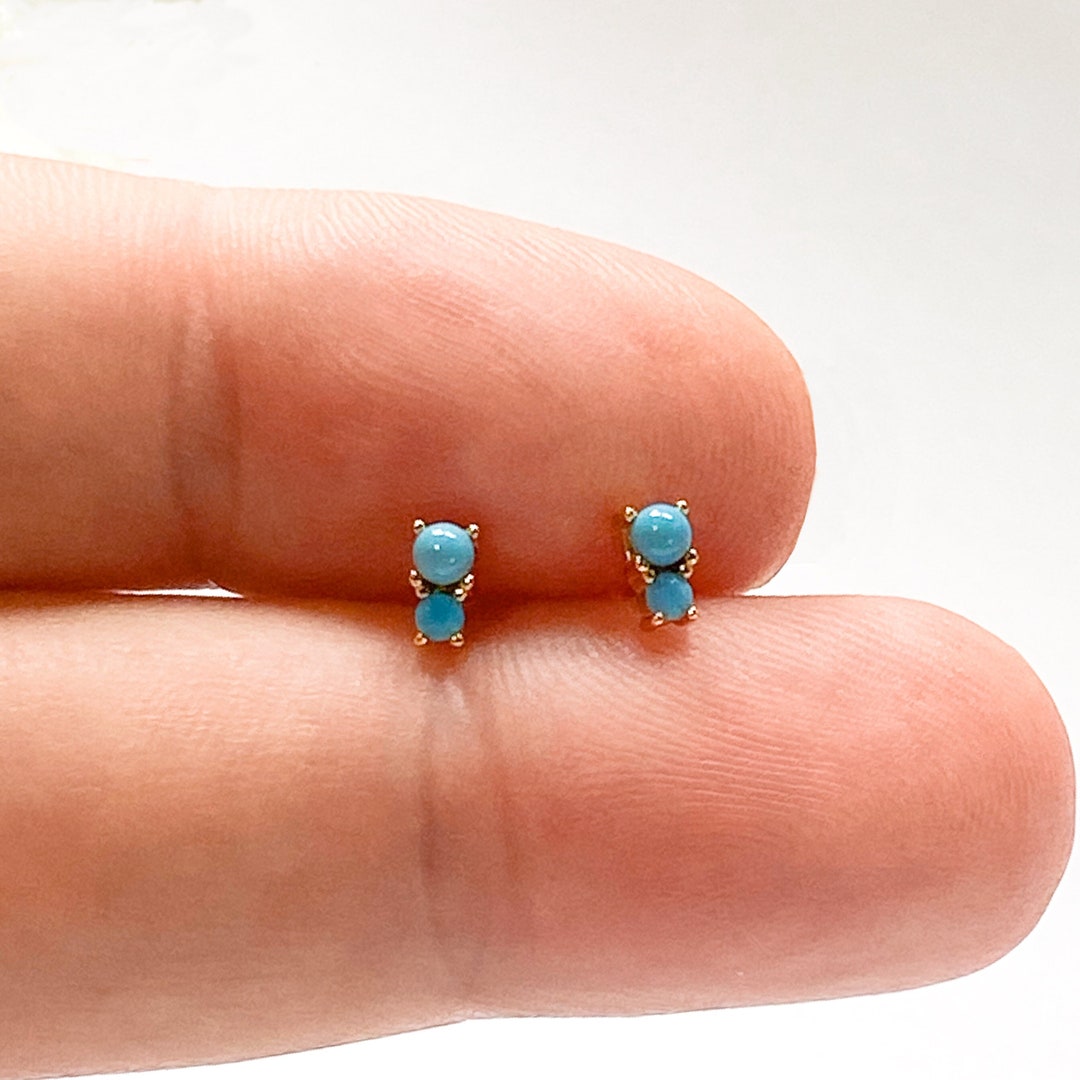 Tiny Turquoise Stud Earrings, Minimalist Gold Turquoise Studs, Second