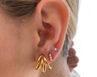 Triple hoop earrings, Gold triple hoops, three wire hoops, Stud earrings, dainty hoop earrings, triple band hoops, statement earrings
