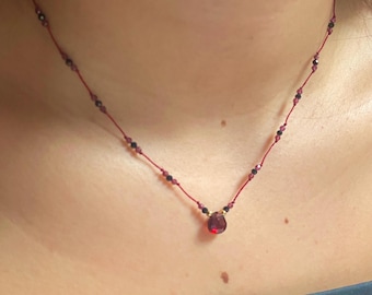 Garnet Drop Necklace: Minimalist Gemstone Choker, January Birthstone