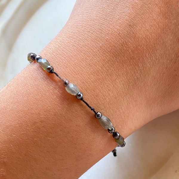 Tiny labradorite bracelet, dainty gemstone with macrame bracelet, friendship bracelet, adjustable bracelet, gift for her