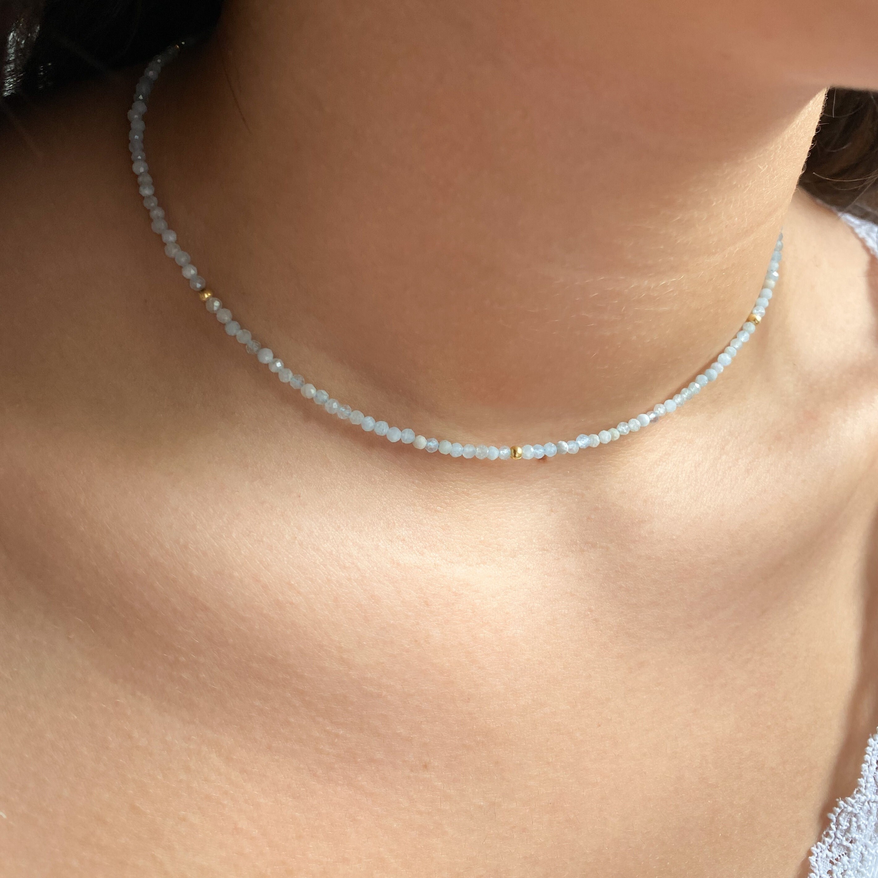 Aquamarine dainty choker necklace for women, minimalist gemstone choker necklace, tiny crystal necklace, layered necklace, March birthstone