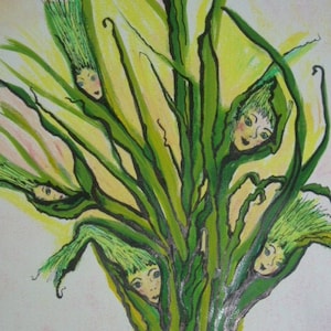 May include: A watercolor painting of a green plant with multiple faces peeking out from behind the leaves. The faces are drawn in a whimsical style with large eyes and simple features. The painting is signed "Hale Perrin" in the bottom right corner.