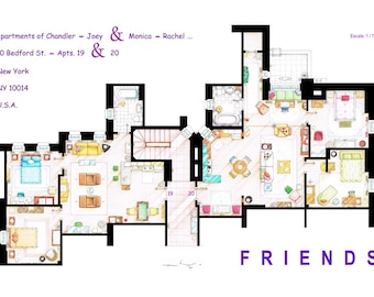 May include: Detailed floor plan of the apartments from the TV show "Friends", including Chandler and Joey's apartment 19 and Monica and Rachel's apartment 20. The plan includes furniture and room layouts. Text includes the address 90 Bedford St., New York, NY 10014, USA.