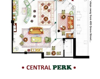 May include: A detailed architectural floor plan of Central Perk, featuring seating areas, a bar, and restrooms. The image includes the text "Central Perk" and "97 steps away from 495 Grove Street..."