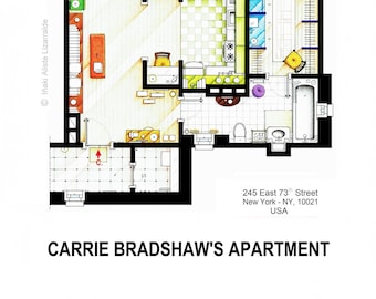May include: Detailed architectural floor plan of Carrie Bradshaw's apartment, featuring a living room, kitchen, bedroom, and bathroom. The plan includes furniture and decor, with text indicating the address: 245 East 73rd Street, New York, NY, 10021, USA.