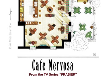 May include: A detailed architectural floor plan of Cafe Nervosa from the TV series "Frasier." The drawing shows the layout of the cafe, including tables, chairs, and service areas. The cafe has indoor and outdoor seating.