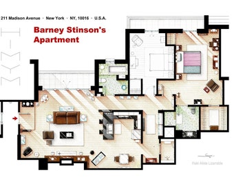 May include: Architectural floor plan of Barney Stinson's apartment, with detailed layout of rooms, furniture, and fixtures. The text "Barney Stinson's Apartment" is displayed in red. The address "211 Madison Avenue, New York, NY, 10016, U.S.A." is also visible.