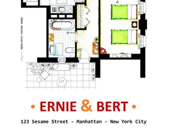 May include: Architectural floor plan illustration of a residence, featuring a living room with yellow and green armchairs, a kitchen, two bedrooms, and a bathroom. The text "ERNIE & BERT" is displayed, along with the address "123 Sesame Street, Manhattan, New York City."