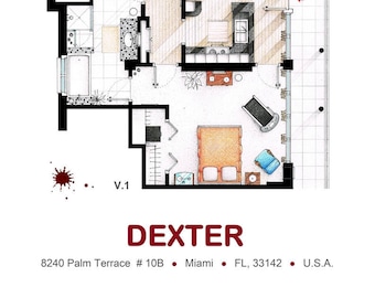 May include: Top-down illustration of a modern apartment floor plan, featuring a living room, kitchen, bedroom, and bathroom. The design includes furniture and decor, with the word "DEXTER" and address details at the bottom.