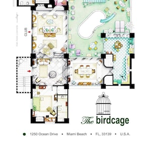 May include: Architectural floor plan illustration of a luxury property, featuring detailed room layouts, a swimming pool, and outdoor spaces. The image includes the text "The birdcage" and address details.