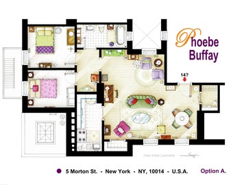 May include: Detailed floor plan illustration of Phoebe Buffay's apartment, featuring two bedrooms, a living room with a green sofa, and a dining area. The layout includes furniture and room details. Text includes "Phoebe Buffay" and address information.