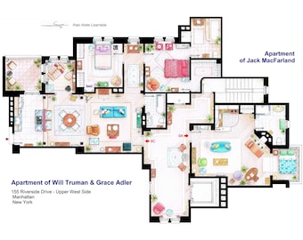 May include: Detailed architectural floor plan of two apartments, one labeled "Apartment of Will Truman & Grace Adler" and the other "Apartment of Jack MacFarland." The plan includes furniture layouts, room labels, and text indicating the address in Manhattan, New York.