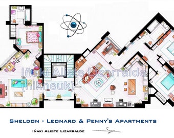 May include: Detailed architectural floor plan of Sheldon, Leonard & Penny's apartments, featuring rooms with furniture and decor. The image includes the text "SHELDON - LEONARD & PENNY'S APARTMENTS" and an atom symbol.