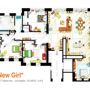 May include: A detailed floor plan illustration of the apartment from the TV show "New Girl." The layout includes multiple rooms, furniture, and the address: 837 Traction Ave., Los Angeles, CA, 90013, U.S.A. The illustration is in colour.