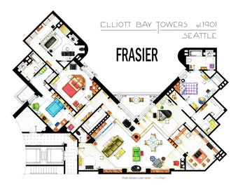 May include: Detailed architectural floor plan of the "Frasier" apartment in the Elliott Bay Towers, apt. 1901, Seattle. The colorful illustration shows the layout of the rooms, including the living room, bedrooms, kitchen, and bathrooms.