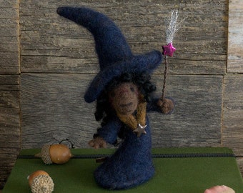 Needle Felted Witch — Dark Skin Tone — Black Hair — Ooak Art Doll — Cute Halloween Decor — Unique Fall Gift